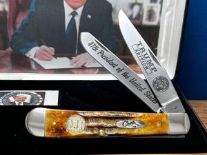 Case XX USA President TRUMP Golden boneStag Trapper Hi Detail Etched Blades with 24K Plated Shield.