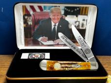 Case XX USA President TRUMP Golden boneStag Trapper Hi Detail Etched Blades with 24K Plated Shield. Case XX USA President TRUMP Golden boneStag Trapper Hi Detail Etched Blades with 24K Plated Shield.