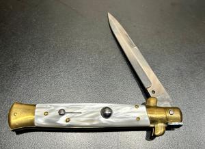 Vintage 1990s Italian Stiletto, Brass Bolsters/Pearlex Scales