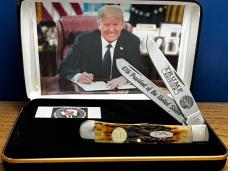 Case XX USA President Trump W/Gold Plated DJT Initials Inlaid Shield Trapper Peach Seed Bone/Box NEW Case XX USA President Trump W/Gold Plated DJT Initials Inlaid Shield Trapper Peach Seed Bone/Box NEW