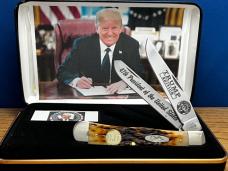 Case XX USA President Trump W/Gold Plated DJT Initials Inlaid Shield Trapper Peach Seed Bone/Box NEW Case XX USA President Trump W/Gold Plated DJT Initials Inlaid Shield Trapper Peach Seed Bone/Box NEW