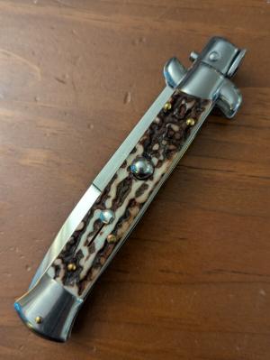 FRANK BELTRAME 23CM 9" BAYONET STILETTO W/FAT STAG HORN 4MM KICK SPRING.. NEW AND SNAPPY!! 