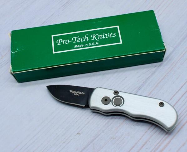 Pro-Tech Knives Runt-107 Silver Handle Black Blade & Box Pro-Tech Knives Runt-107 Silver Handle Black Blade & Box