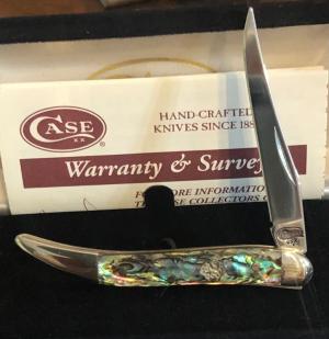 New in Original Clamshell and Sleeve 2002 Case Abalone Tiny Toothpick w/the Clamshell badge  