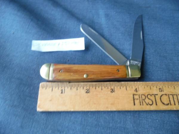 VINTAGE 4-1/8" SCHRADE+USA LTD WOOD SCALE TRAPPER PRE OWNED VERY NICE VINTAGE 4-1/8" SCHRADE+USA LTD WOOD SCALE TRAPPER PRE OWNED VERY NICE