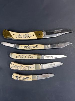 5 Schrade Scrimshaw folding pocket knives