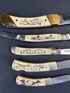 5 Schrade Scrimshaw folding pocket knives 5 Schrade Scrimshaw folding pocket knives