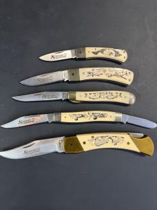 5 Schrade Scrimshaw folding pocket knives 5 Schrade Scrimshaw folding pocket knives