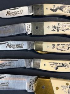 5 Schrade Scrimshaw folding pocket knives 5 Schrade Scrimshaw folding pocket knives