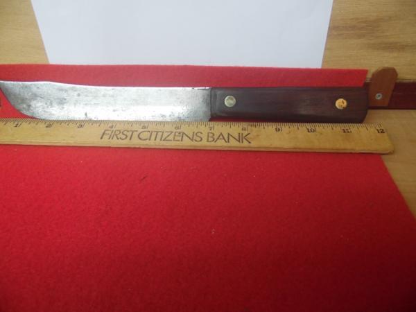 OLDER PRE-OWNED WELL MADE "NO ID" BUTCHER KNIFE APPROX 11-1/2" WITH GOOD STEEL WOOD HANDLE AND EDGE OLDER PRE-OWNED WELL MADE "NO ID" BUTCHER KNIFE APPROX 11-1/2" WITH GOOD STEEL WOOD HANDLE AND EDGE