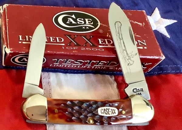 Case xx 1996 Canoe w/ Nice Brown Bone Handles (mdl# 62131 SS) with Indian in Canoe Blade Etch -NOS Case xx 1996 Canoe w/ Nice Brown Bone Handles (mdl# 62131 SS) with Indian in Canoe Blade Etch -NOS