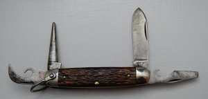 Unmarked Pocket Knife Unofficial Scout With Brown Bone Covers 3 5/8