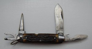 Unmarked Pocket Knife Unofficial Scout With Brown Bone Covers 3 5/8