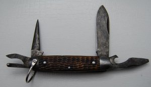 Unmarked Pocket Knife Unofficial Scout With Brown Bone Covers 3 5/8