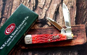 Case - Large Gunstock Dark Red Bone Silver Script 