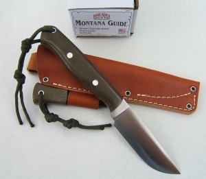 BARK RIVER MONTANA GUIDE, Green Canvas Micarta Handle with Red Liners and Matching Fire Steel