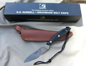 GROHMANN BELT KNIFE, FLAT GRIND #1, CARBON STEEL, BLACK MICARTA HANDLE