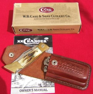 CASE CHANGER, STAG HANDLES, LEATHER SHEATH, BOX AND PAPERWORK