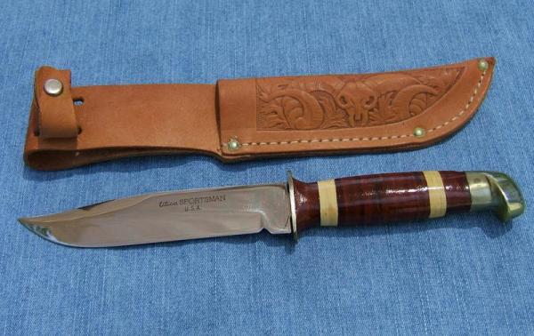 VINTAGE UTICA SPORTSMAN HUNTING KNIFE, Leather Handle