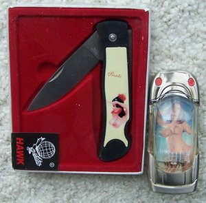 RISQUE SEMI NUDE KNIFE & RETRO PIN-UP GIRL LIGHTER - FULL COLOR PHOTO IN LIGHTER