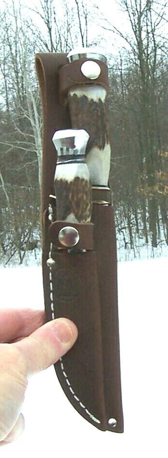 VINTAGE GERMAN KISSING CRANE STAG - 2 KNIFE- PIGGYBACK SET - W/ SHEATH - UNUSED - VERY NICE !!!