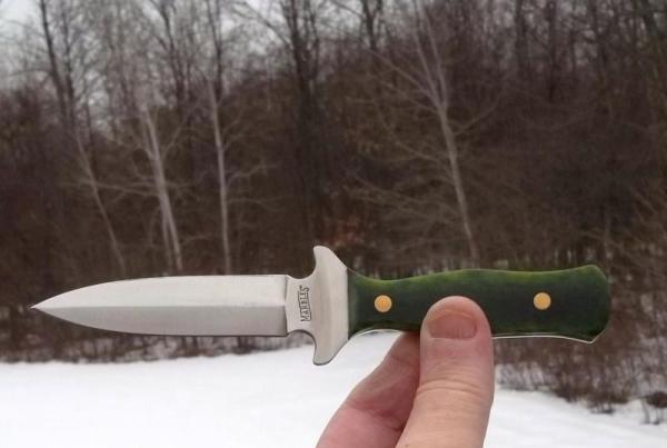 MARBLES BOOT KNIFE-GREEN BONE SCALES-W/ LEATHER BOOT KNIFE SHEATH-NIB-VERY UNIQUE !!!
