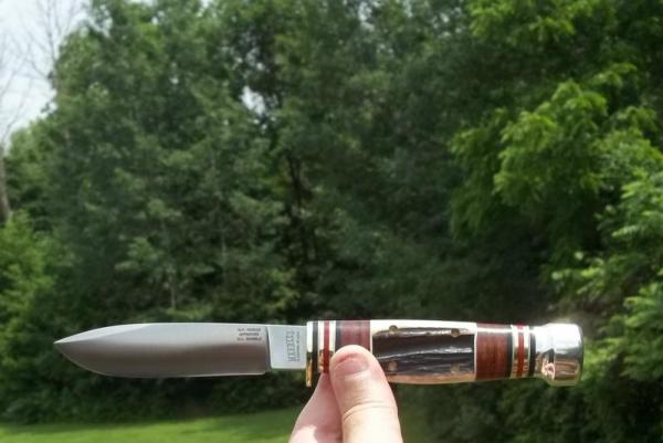 MARBLE'S - WILLIAM MORAN-4 PIN STAG W/STACKED LEATHER HUNTER-W/SHEATH-BOBCAT BOX-STEWART ERA-WOW !!! MARBLE'S - WILLIAM MORAN-4 PIN STAG W/STACKED LEATHER HUNTER-W/SHEATH-BOBCAT BOX-STEWART ERA-WOW !!!