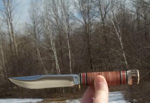  MARBLE'S STACKED LEATHER/STAG EXPERT- W/ SHEATH-3 LINE LOWER CASE STAMP-VINTAGE BLADE-SUPER NICE!