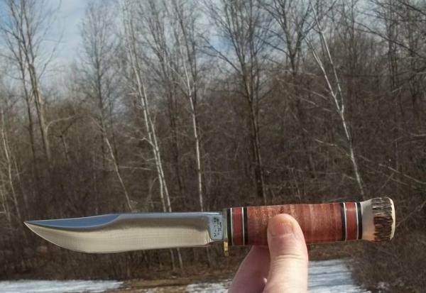 MARBLE'S STACKED LEATHER/STAG EXPERT- W/ SHEATH-3 LINE LOWER CASE STAMP-VINTAGE BLADE-SUPER NICE! MARBLE'S STACKED LEATHER/STAG EXPERT- W/ SHEATH-3 LINE LOWER CASE STAMP-VINTAGE BLADE-SUPER NICE!
