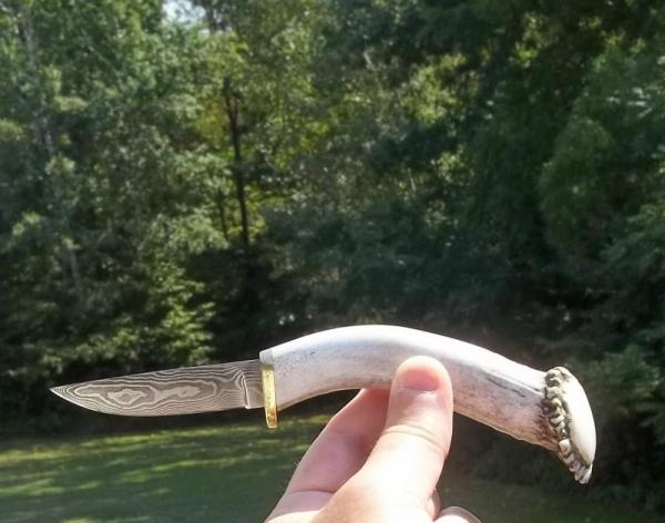 SILVER STAG-USA-CROWN STAG HANDLE W/ DAMASCUS BLADE-SMALL GAME BIRD & TROUT KNIFE-W/ ORIGINAL SHEATH