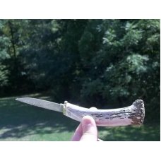 SILVER STAG-USA-CROWN STAG HANDLE W/ DAMASCUS BLADE-SMALL GAME BIRD & TROUT KNIFE-W/ ORIGINAL SHEATH