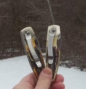 TWO (2) BEAR MGC BONE SCALED SIDELINERS-1- DAMASCUS-1-TITANIUM COATED-BIG 4 1/8