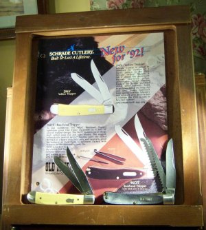 Schrade salesman brochure , in display frame and 296Y and 97OT unused old stock