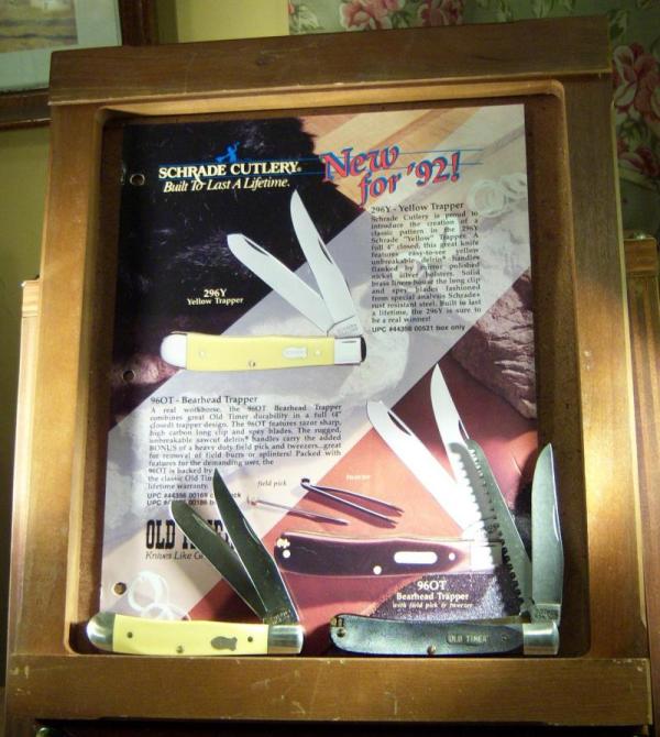 Schrade salesman brochure , in display frame and 296Y and 97OT unused old stock
