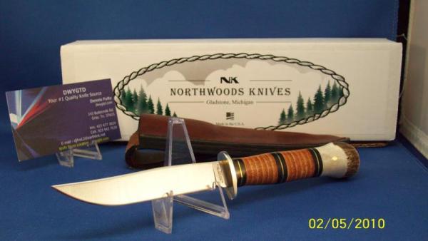 Northwoods Bird and Trout Stacked Leather and Sambar Stag Knife Northwoods Bird and Trout Stacked Leather and Sambar Stag Knife