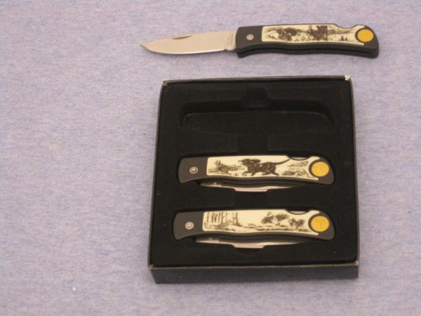 RR464 - 3 Scrimshawed Lockback Knives in Case - Ridge Runner