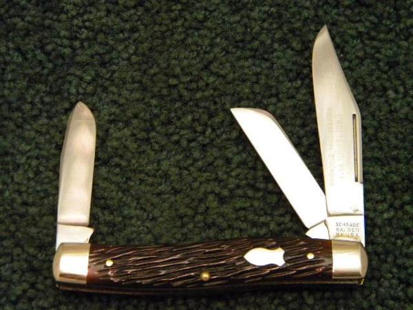 Schrade Walden NY USA Peachseed Bone Stockman Craftsman Etch - C. 1950's Schrade Walden NY USA Peachseed Bone Stockman Craftsman Etch - C. 1950's