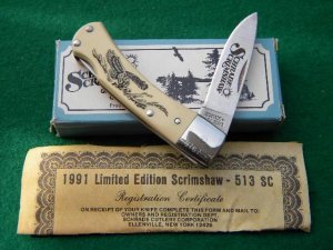Schrade + USA SC513 Lockback Bird Catching Fish Scrimshaw - NIB