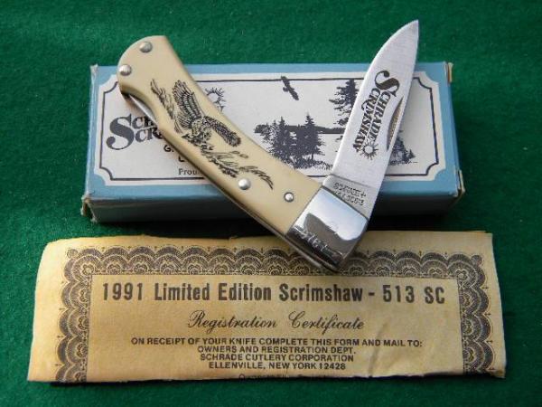 Schrade + USA SC513 Lockback Bird Catching Fish Scrimshaw - NIB Schrade + USA SC513 Lockback Bird Catching Fish Scrimshaw - NIB
