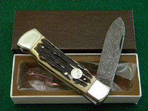 Weidmannsheil Solingen Germany Stag Damascus Lockback Knife - NIB