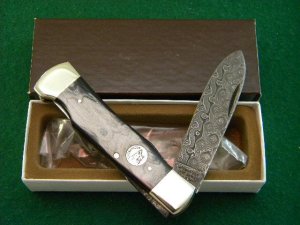 Weidmannsheil Solingen Germany Horn Damascus Lockback Knife - NIB