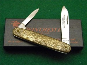 Winchester Trademark USA W 15 1998-3 Brass 2 Blade Pen Knife - NIB