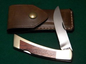 Gerber Portland, OR 97223 USA Brass/Wood Lockback Knife and Leather Pouch