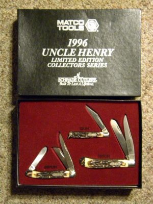 Schrade + USA Uncle Henry 1996 Matco Tools Knife Set Staglon 897UH, 12UH, & 285UH - NIB