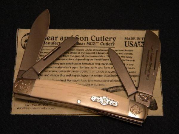 Bear and Son J'ville, AL USA Genuine Mammoth Ivory Congress Knife with Scrolled Bolsters Bear and Son J'ville, AL USA Genuine Mammoth Ivory Congress Knife with Scrolled Bolsters