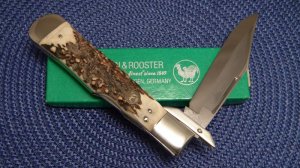 Hen and Rooster Bertram Cutlery Rostfrei Solingen Germany Stag Coon Dog Hunter Lockback Knife - NIB