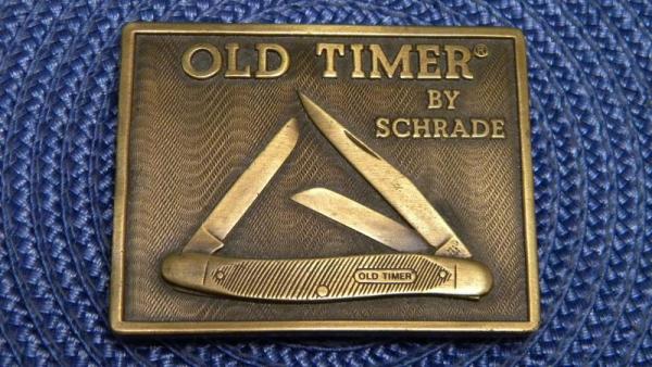 Schrade Cutlery Corp. Ellenville, NY Old Timer Brass Belt Buckle Schrade Cutlery Corp. Ellenville, NY Old Timer Brass Belt Buckle