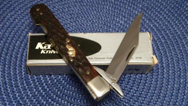 Ka-Bar Olean, NY Bone Dog Head Model 211 Swing Guard Lockback Knife (Gold Shield) - NIB Ka-Bar Olean, NY Bone Dog Head Model 211 Swing Guard Lockback Knife (Gold Shield) - NIB