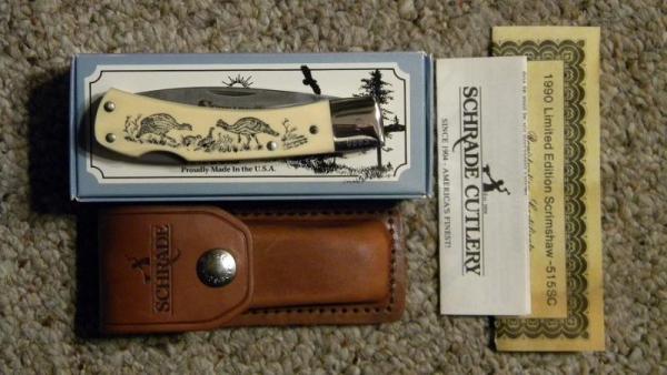 Schrade USA SC515 Scrimshaw Lockback Knife & Pouch c. 1990 - NIB