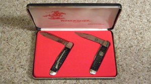 Winchester Trademark USA 1988 Bone 2905 & 2907 Wild Bill & Buffalo Bill Jack Knife Set - NIB